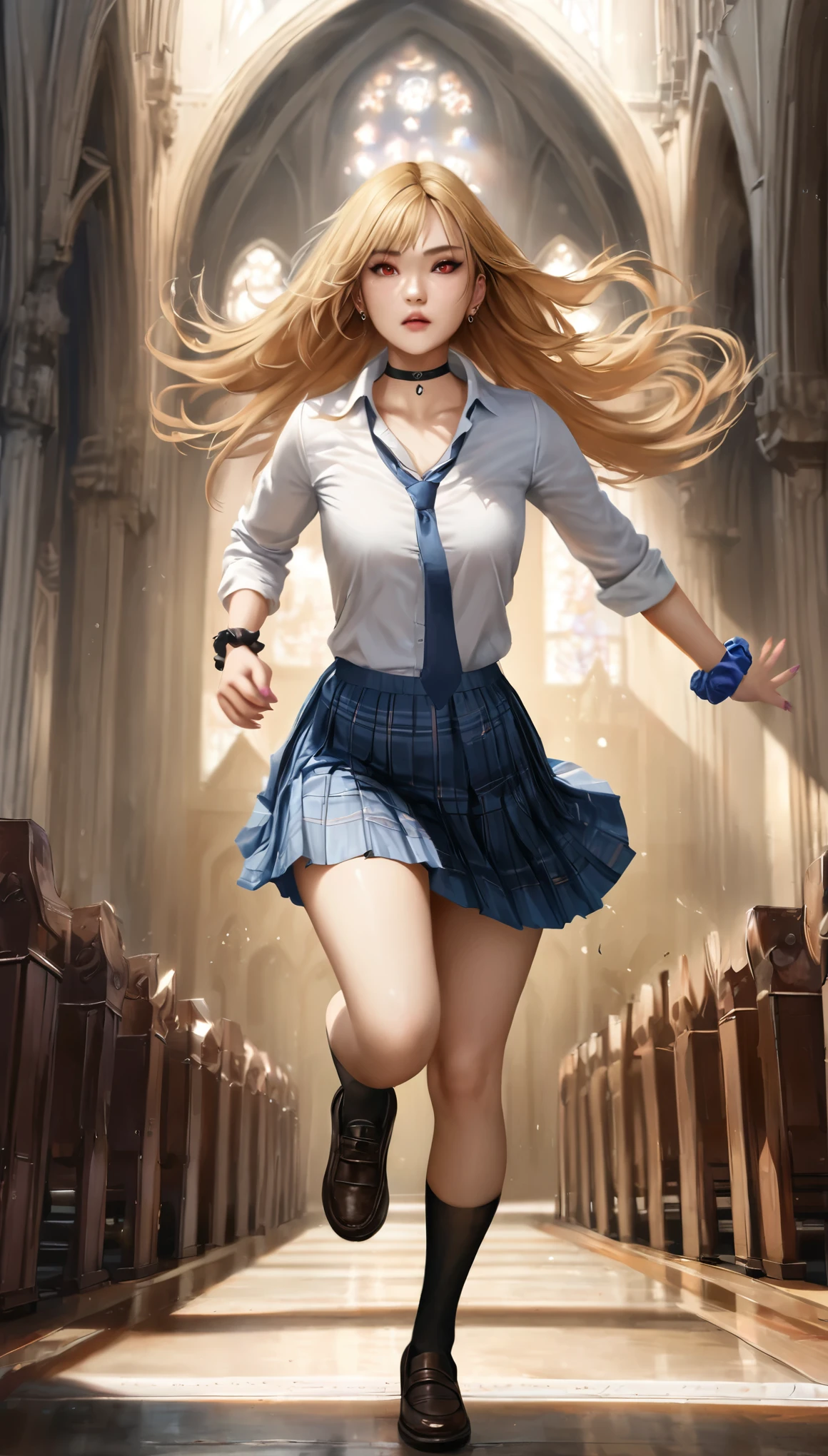 animetoreal,soft light, masterpiece, best quality,high quality,delicate face, realistic,1girl,full body, running,Marin Kitagawa, long hair, blonde hair, red eyes, piercing, earrings, ear piercing, stud earrings, black choker, loose necktie,  school uniform, white collared shirt, blue skirt, pleated skirt, plaid skirt, wrist scrunchie, long fingernails, pink nails, nail art,,church,cathedral