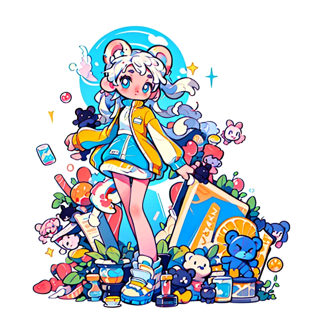 Best Quality, masterpiece, long hair,  solo, maid dress, long pigtails, white background, white hair, simple background, long hair, blue eyes, ((dark skin 1:1)), dark skin, straight bangs, blushing, light blue oversized track jacket, ((bear ears)), 1girl, ((solo)), tenshi kaiwai, tall, ((track jacket)), long legs, big hands, plain white background,