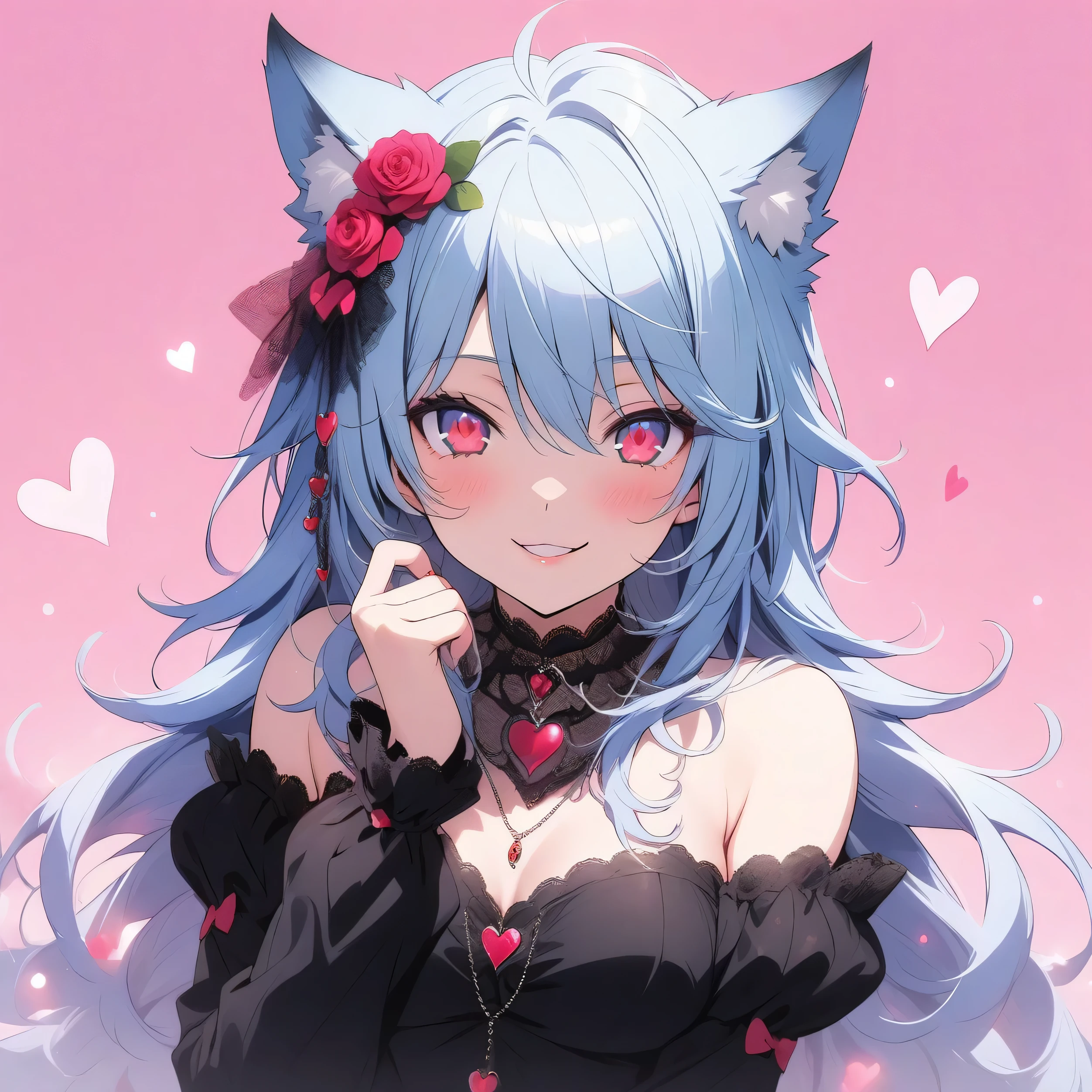 absurdres, (Personification of a wolf:1.2),1 girl, adult ,milf,over 20 years old,with ice blue hair and red eyes with pink hearts and hearts around her eyes, official art,pink background, red hearts in background , upper body, seductive smile, wearing a black gown,blue rose in head