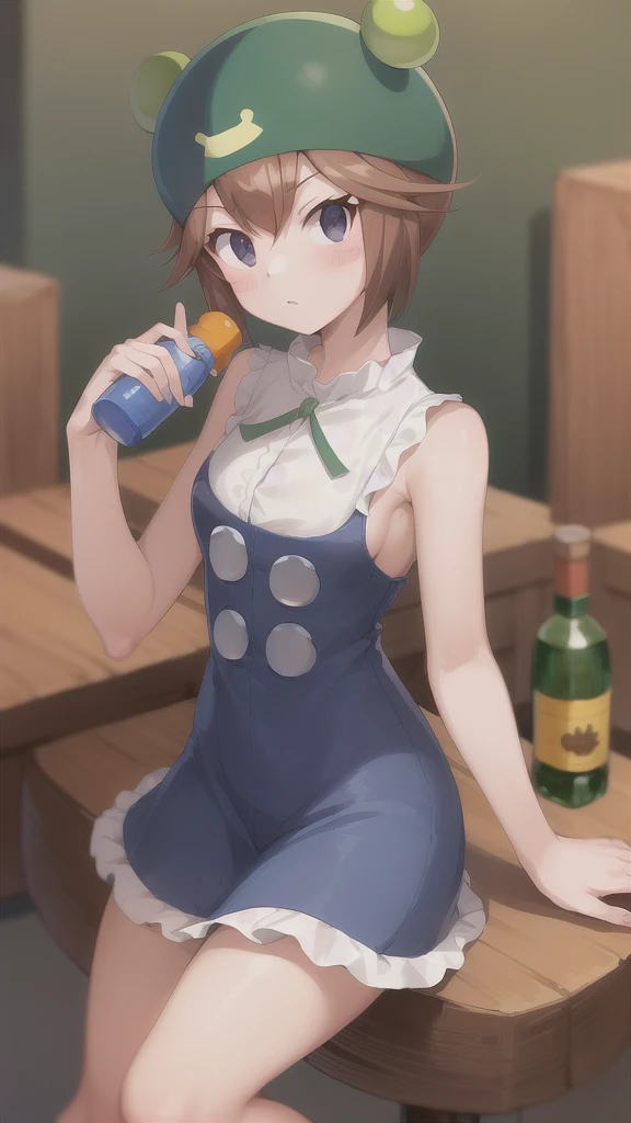 Ribitta_megaman, 1 girl, looking at viewer, sitting on a stool, leaning on a bottle of tequila in her hand, cowboy dress, cowboy hat, watch on right arm