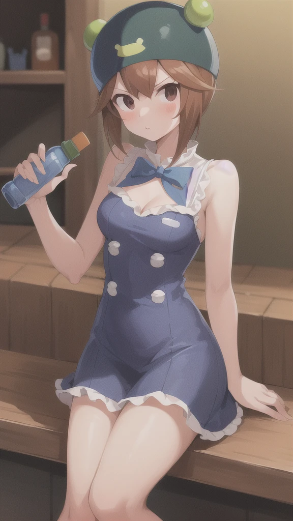 Ribitta_megaman, 1 girl, looking at viewer, sitting on a stool, leaning on a bottle of tequila in her hand, cowboy dress, cowboy hat, watch on right arm