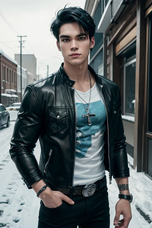 KJ Apa 25-year-old boy with open black jacket, blue t-shirt with snow print, short black hair, punk style, yellow locks, black jeans, green eyes, black leather belt, silver buckle, slim muscular build, cross medallion, silver bracelet, looking straight at the viewer