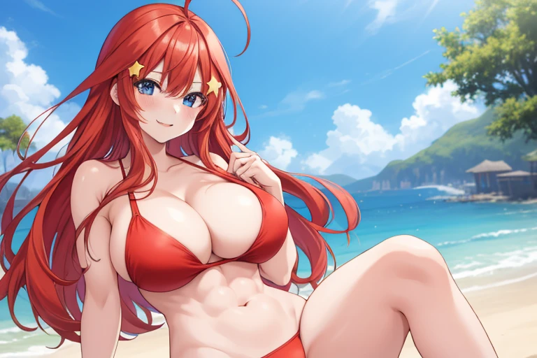 2d, masterpiece, best quality, anime, highly detailed, 5 girl, photo of 5 girl, quintuplets, nakano itsuki, red hair, long hair, star hair ornament, ahoge, large breasts, spa, red bikini, outdoors, smile, sexy body, perfect body, abs muscular, belly button, side breasts, back of thigh, breast size comparison, breast fight, breasts pressing, breasts pressed together, pairing a character with their own self