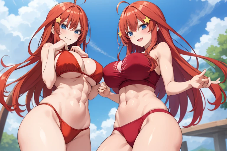 2d, masterpiece, best quality, anime, highly detailed, 5 girl, photo of 5 girl, quintuplets, nakano itsuki, red hair, long hair, star hair ornament, ahoge, large breasts, spa, red bikini, outdoors, smile, sexy body, perfect body, abs muscular, belly button, side breasts, back of thigh, breast size comparison, breast fight, breasts pressing, breasts pressed together, pairing a character with their own self