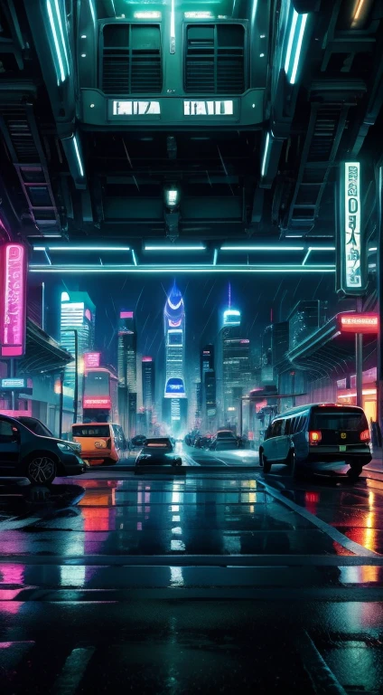 Create a photo-quality image of a futuristic city, Tall buildings with aesthetic designs that defy gravity but from a dystopian concept, con colores propios de un atardecer, lluvia, Lights of the city Pùrpura, metallic greens and blues. It also incorporates vehicles and public transport systems such as subways or minibuses also with futuristic styles..