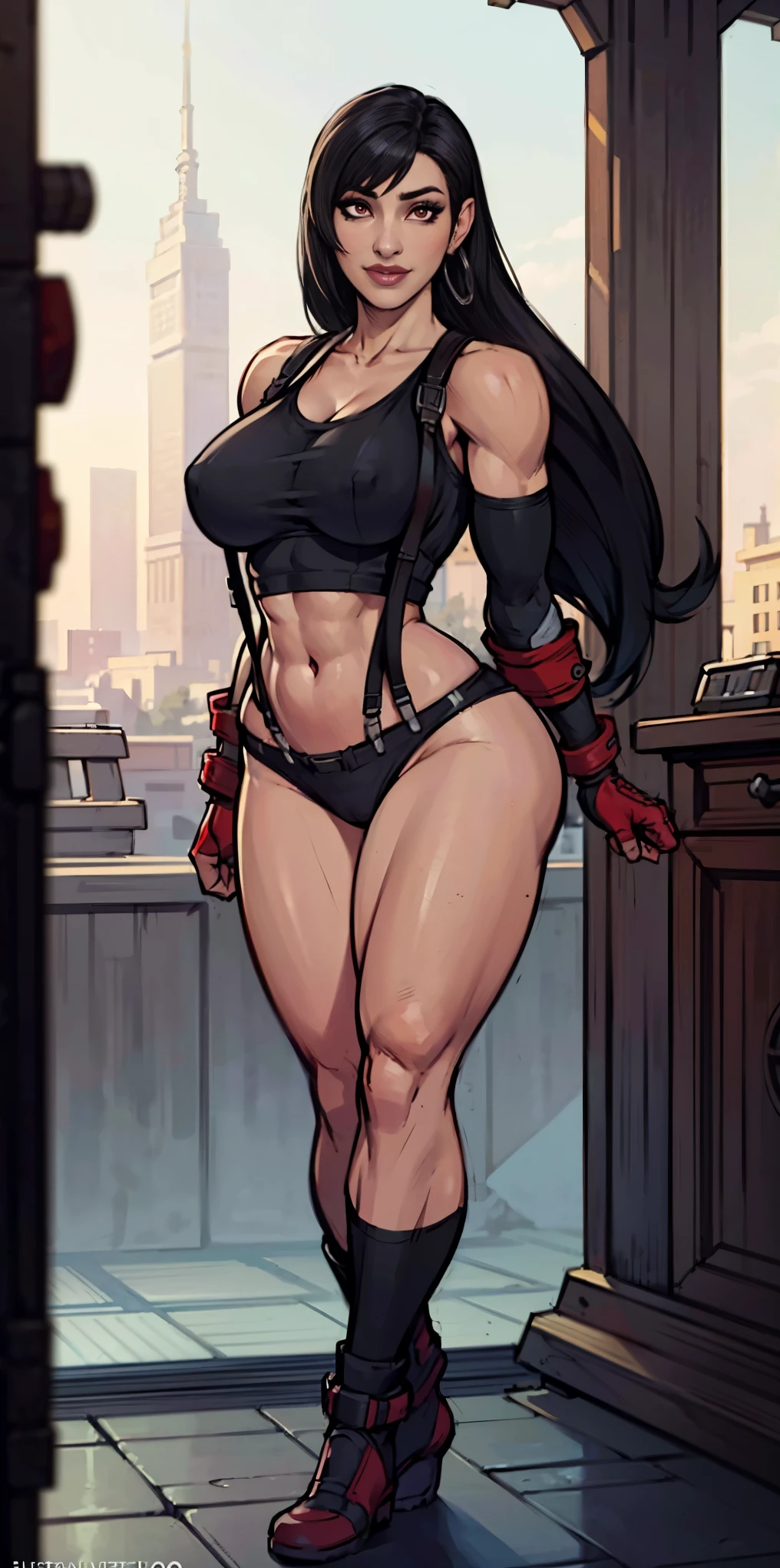 (8k, best quality, masterpiece:1.2) (realistic, photo-realistic:1.37) (full body) 1female solo girl, standing, legs apart (wide stance) standing contrapposto, ultra-detailed, cute (Tifa Lockhart) (large breasts:1.5) (beautiful detailed eyes) (smile:1.2) (closed mouth) sharp focus, depth of field, good composition, Final Fantasy VII, very long straight hair, hair bang ((red_eyes)), intricate, bokeh (Tetsuya Nomura style) perfect breasts, white tank top, black thong, suspenders, gloves, stockings, toned body, athletic, wide hips, thin waist, toned arms, exposed abdomen, view from behind