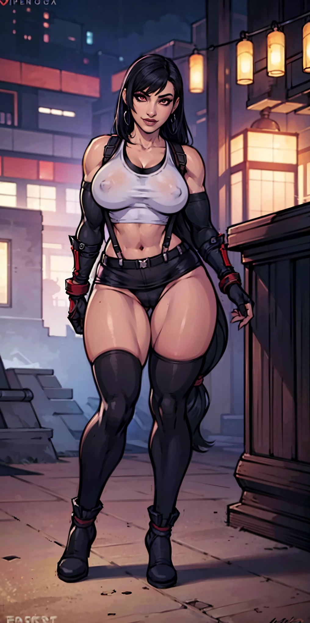 (8k, best quality, masterpiece:1.2) (realistic, photo-realistic:1.37) (full body) 1female solo girl, standing, legs apart (wide stance) standing contrapposto, ultra-detailed, cute (Tifa Lockhart) (large breasts:1.5) (beautiful detailed eyes) (smile:1.2) (closed mouth) sharp focus, depth of field, good composition, Final Fantasy VII, very long straight hair, hair bang ((red_eyes)), intricate, bokeh (Tetsuya Nomura style) perfect breasts, white tank top, black thong, suspenders, gloves, stockings, toned body, athletic, wide hips, thin waist, toned arms, exposed abdomen, view from behind