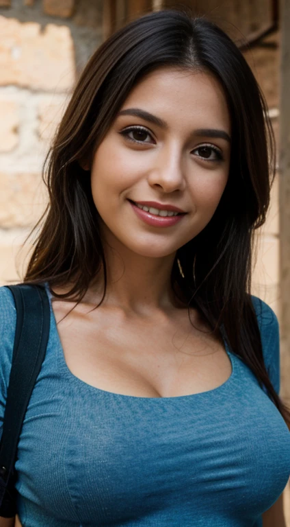 foto de corpo inteiro de uma linda garota, wearing t-shirt and jeans, loiro, Busto Normal, sorridente, symmetrical eyes, symmetrical face, fotorrealista, fotografia, rastreamento de caminho, specular lighting, volumetric face light, hair traced along the way, visible shadows, intricado, Elaborar