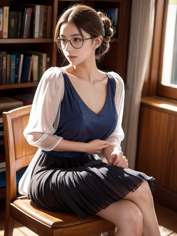 (Realistic、High resolution:1.3),alone, One Girl, masterpiece, highest quality, Very detailed, Cinema Lighting, Intricate details, High resolution, Official Art, Beautifully detailed face and eyes, High resolutionのイラスト, 8k, (Short bun hairstyle), Ash Brown Hair:1.3, Very thin body, ((Chiffon long skirt、Chiffon blouse:1.3)) 、Single Blade, blue eyes, Glasses, Crossing your legs, Sit on a chair, patterned high heels,Upper Body, Big Breasts, Book_stack, library, ((vine)), Looking at the audience