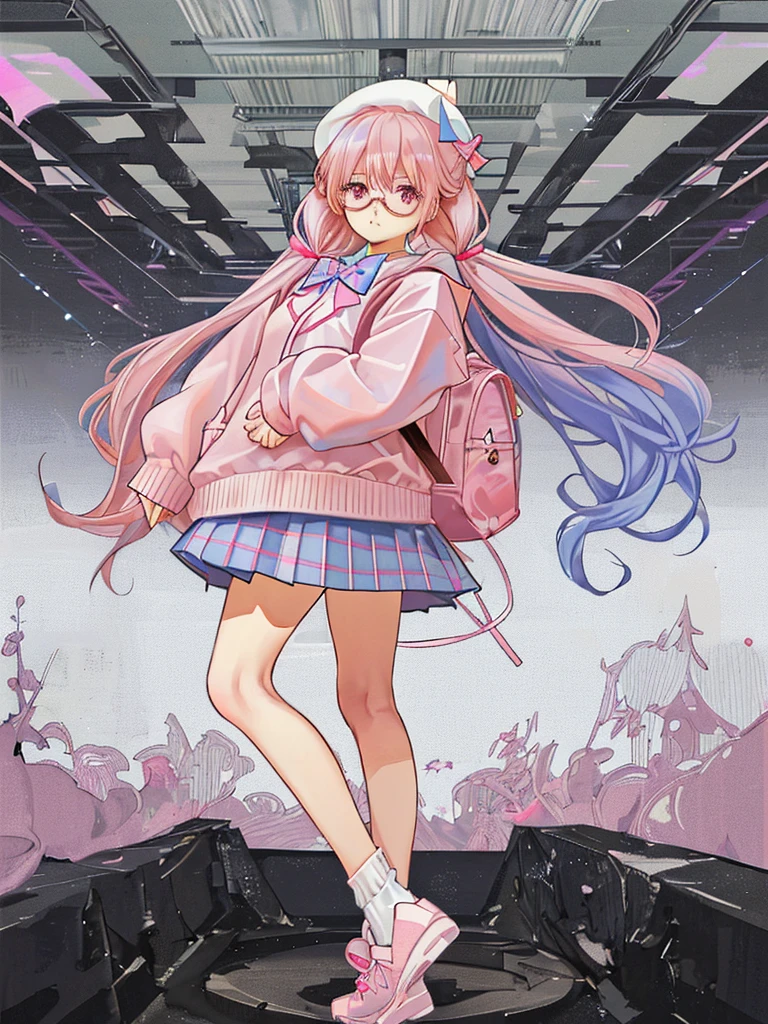 Light Blue Hair with Low Twintails, pink eyes, adult girl, Oversized Pink Knitted Sweater with White Bow, Baby Pink plaid skirt with Bandage baby pink socks and with pink white shoes, pink beret with heart arrow ribbon, hello kitty white glasses with mini baby pink bow, Metal star necklace, mini toro backpack, 4k high qualit