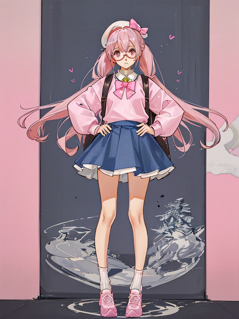 Light Blue Hair with Low Twintails, pink eyes, adult girl, Oversized baby Pink Knitted Sweater with White Bow, Baby Pink plaid skirt with Bandage baby pink socks and with pink white shoes, pink beret with heart arrow ribbon, hello kitty white glasses with mini baby pink bow, Metal star necklace, mini toro backpack, 4k high qualit