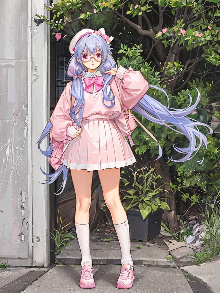 Light Blue Hair with Low Twintails, pink eyes, adult girl, Oversized baby Pink Knitted Sweater with White Bow, Baby Pink plaid skirt with Bandage baby pink socks and with pink white shoes, pink beret with heart arrow ribbon, hello kitty white glasses with mini baby pink bow, Metal star necklace, mini toro backpack, 4k high qualit