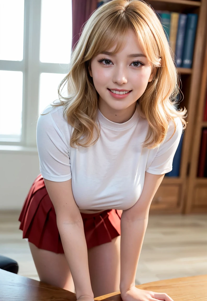 (((neat woman,Bright-eyed excitement,kind big smile,blush,blush,red cheek,please touch me,tempting viewer,i want you))),(all fours,all fours,hip higher,her fingers touch the chest),((((blush,red cheek)))),(cinematic lighting), (Photo real:1.4)、(A hyper-realistic:1.4)、(Photorealistic:1.3)、 (gentle lighting: 1.05)、(Improve the lighting quality of your video:0.9)、 32k、25years old woman、photorealistic lighting、Back lighting、Facial Lights、Ray Trace、(bright:1.2)、(Increase quality:1.4)、 (best quality real texture skin)、Fair eyes,delicate face、 Close-up of the face,  ((Wearing the tight printed high-neck t-shirt,(no printed pleated skirt),high-heel),(Bodyline mood improvement:1.1)、Glossy skin、Korean Idol、Nogizaka Idol、good figure,perfect anatomy,Beautiful actress,(((beautiful huge breasts,slender waist,slender hip,long slender legs,8heads tall))),(((8heads tall))),(((blonde wavy hair,curtain bangs))),(((in the beautiful modern office of library,super clean night view,in the night))),