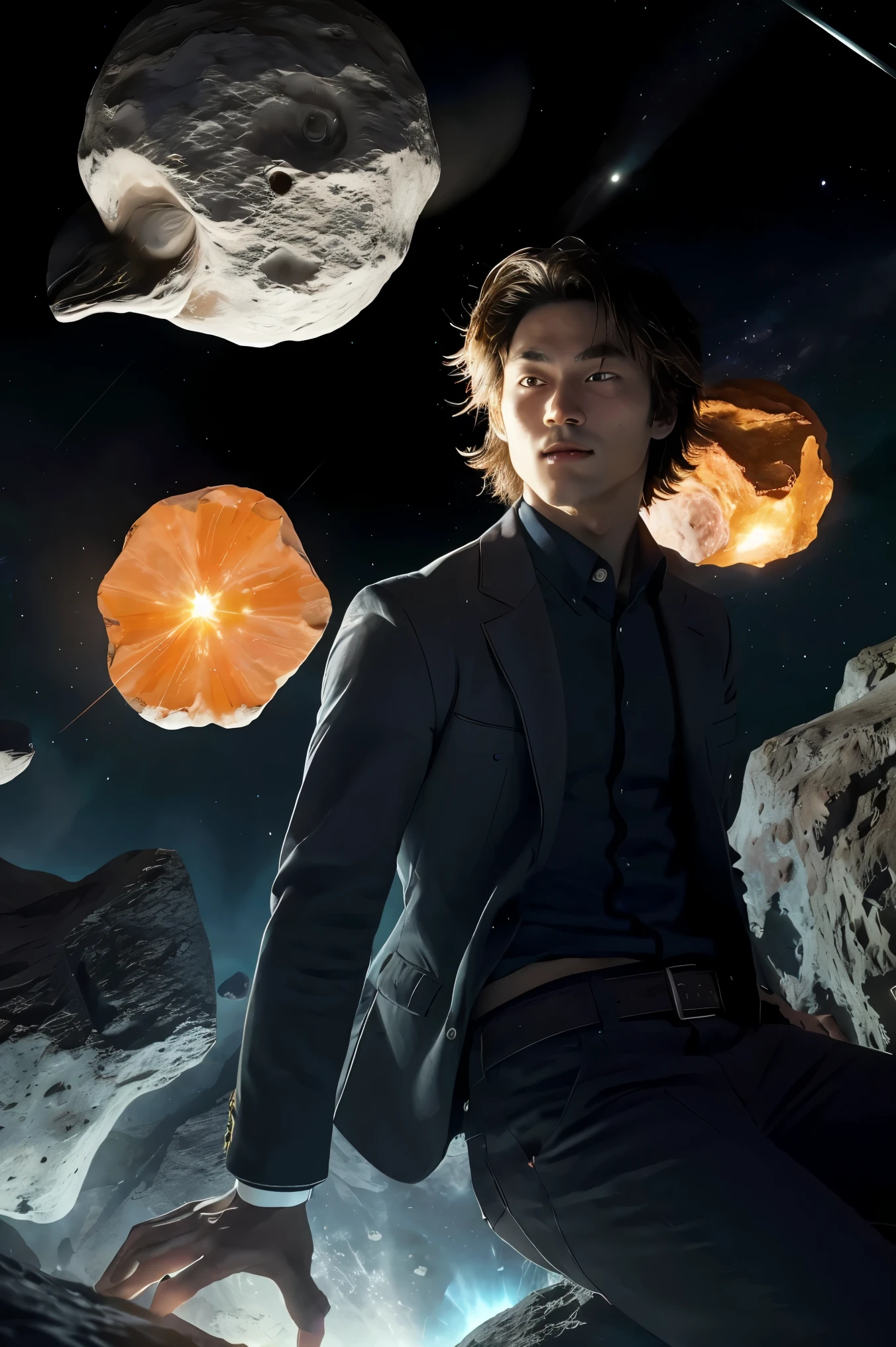 Draw a young programmer, sitting on a research platform floating in the middle of an asteroid belt. He is studying with a notebook, surrounded by several asteroids glowing with fiery auras. Dramatic lighting from distant stars and planets illuminates the scene, casting deep shadows on the suit. The young man looks confident and determined, looking at the vast and mysterious universe with wonder and respect,facial hair, cowboy shot,