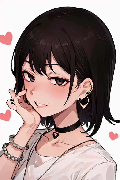 Piriyon, alone, One girl, 黒いnail, jewelry, short hair, View your viewers, choker, necklace, put your hand on your face, Earrings, White Background, heart, Mouth closed, Grey Eyes, Manicure, Simple Background, Grey Hair, ear Earrings, black choker, smile, eyelash, lips, Put your hand on your cheek, bangs, bracelet, Earrings, nail, Yawning facial expression