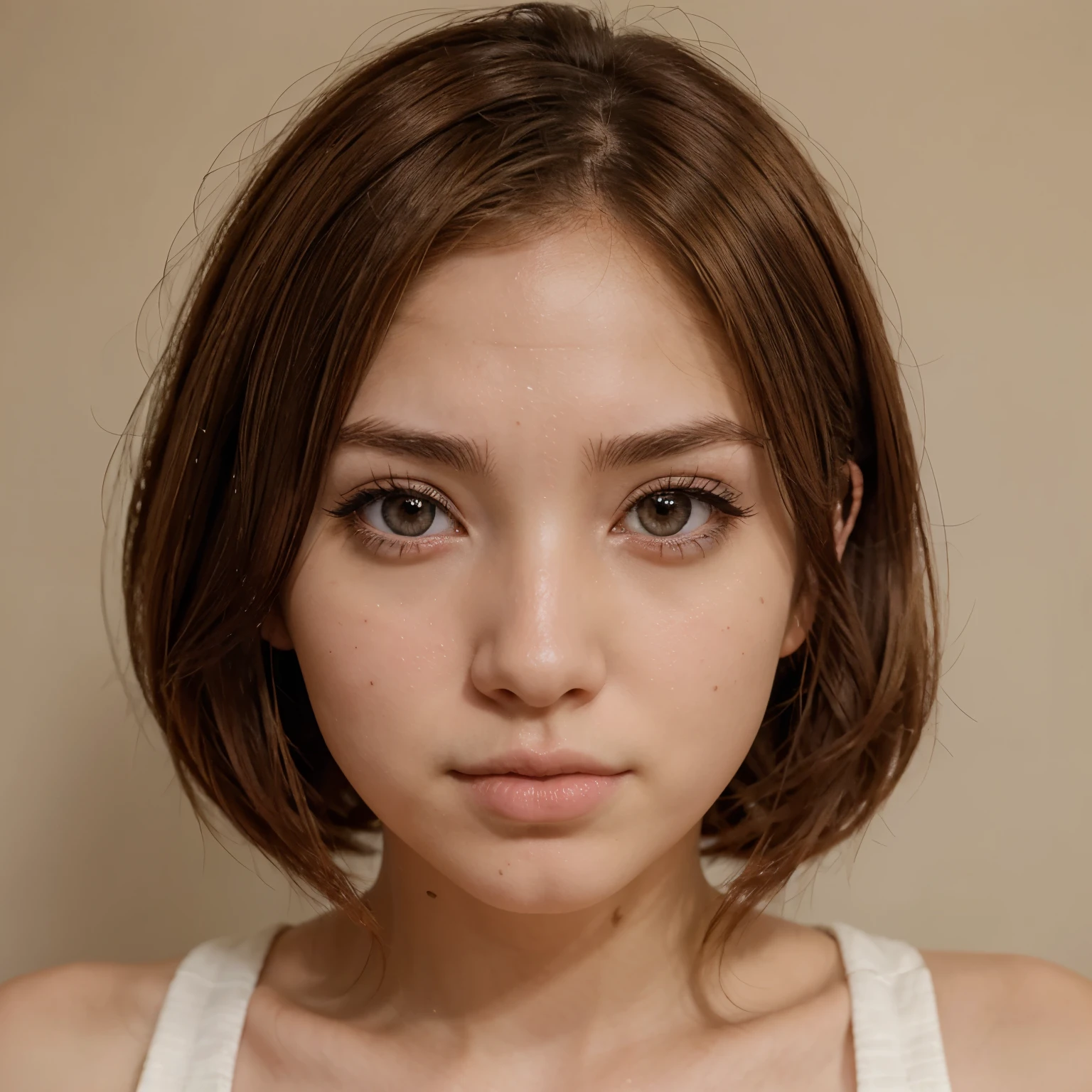 Make me a character from the anime boku no hero with the following characteristics: mujer, pale complexion, light brown hair with the hime cut, ojos avellanas, delgada, long eyelashes, y un poco de pecas