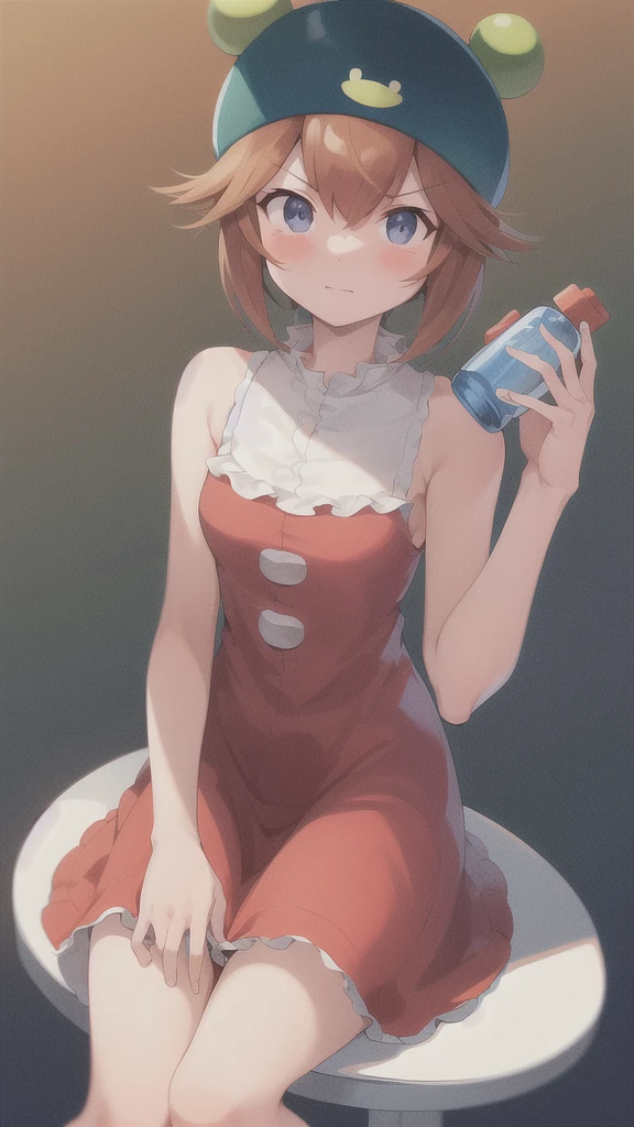 Ribitta_megaman, 1 girl, looking at viewer, sitting on a stool, leaning on a bottle of tequila in her hand, cowboy dress, cowboy hat, watch on right arm