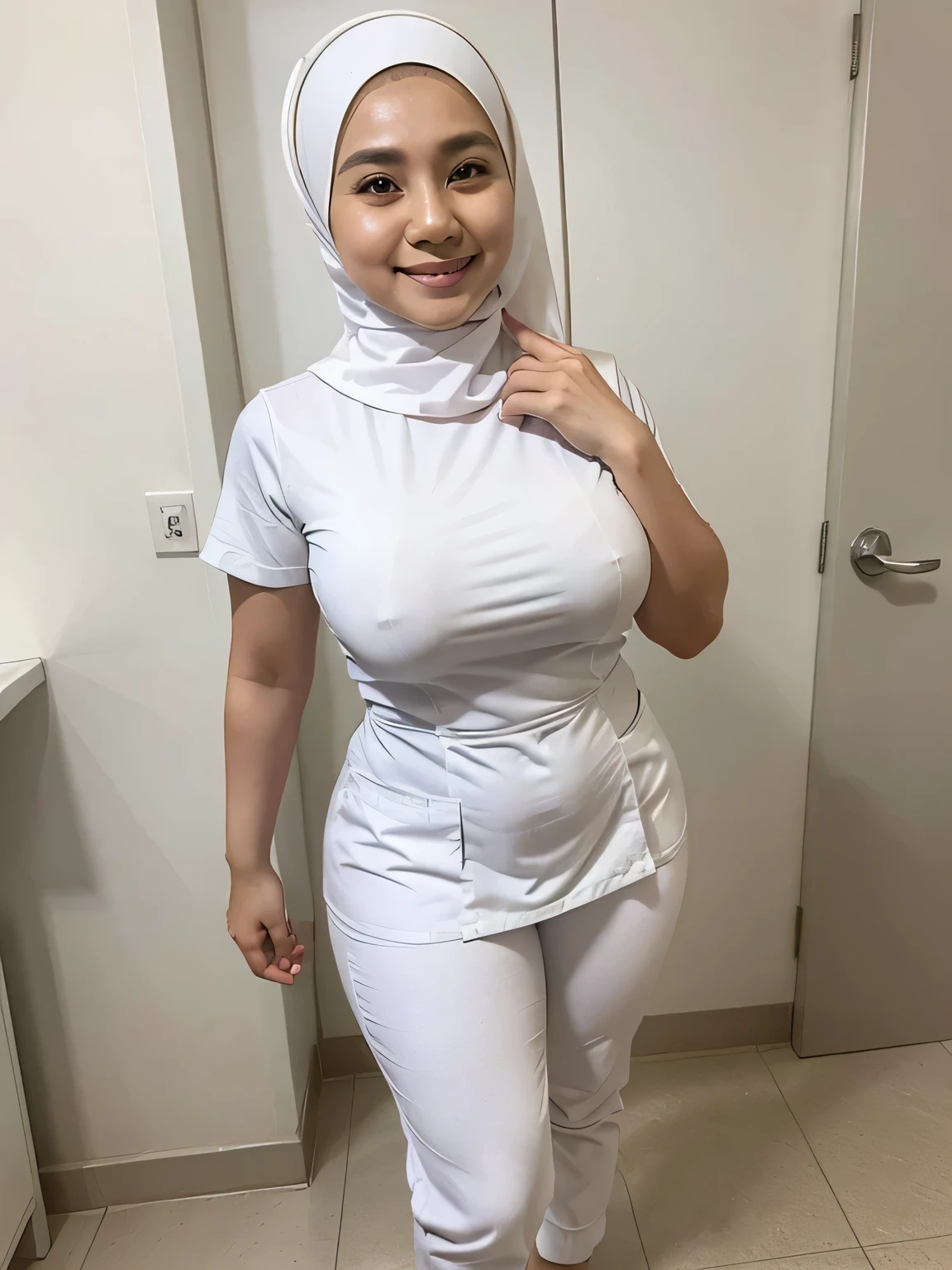 1 cute young malay nurse pose at hospital, 25 year, wear hijab, ((white tight nurse uniform)), solo, single, full body potrait, smile, curvy fit girl