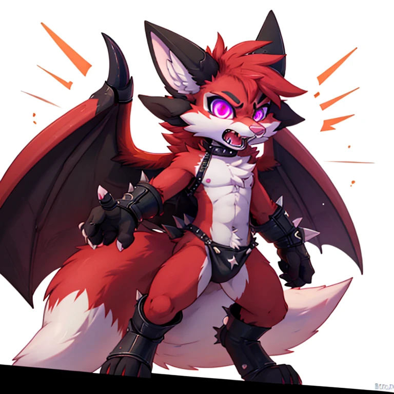 Anthropomorphic male crimson fox, with purple eyes, pink nose, black ears, black sholders, long twirl horns, two tails, white hands, with wings with a spike on top, full body view, evil pose, with an angry, white background, digital art, solo, yelling, arms extended to the sides, looking at viewer, hands opened, long frontal teeths, glowing eyes, weirdcore voidpunk, sfw version, yelling
