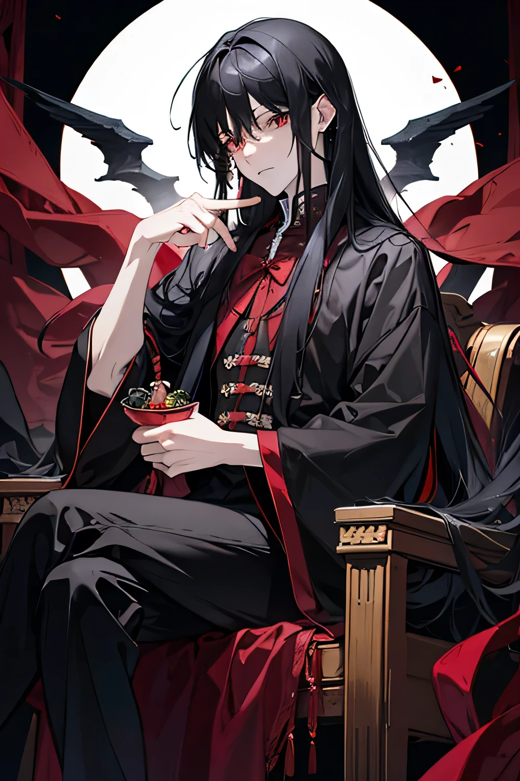 male, long black hair, black robe with red ribbons, sitting in the devil's throne