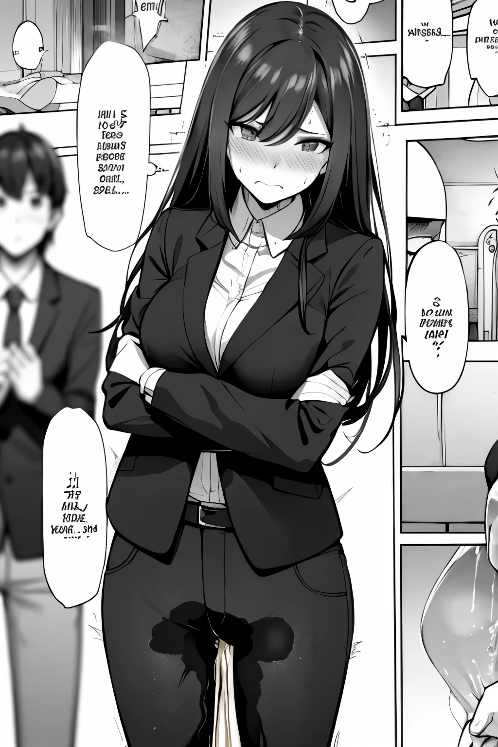 A woman with long black hair, wearing a business outfit consisting of a suit, pencil skirt:, and pantyhose, stands in a monochrome setting. The artwork is inspired by manga and incorporates a doujin style. The woman appears to be (wetting herself:1.5), which causes her to feel embarrassed and humiliated, resulting in a blush on her face. In addition, there is an air of anger in her expression. The lighting in the scene is moody, with a spotlight highlighting the woman's figure. She is crossing her arms, (arms crossed:1.5), fully showcasing her skirt., medium breasts