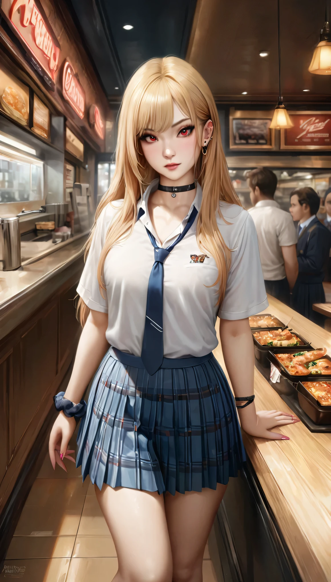 animetoreal,soft light, masterpiece, best quality,high quality,delicate face, realistic,1girl,full body, standing,Marin Kitagawa, long hair, blonde hair, red eyes, piercing, earrings, ear piercing, stud earrings, black choker, loose necktie, school uniform, white collared shirt, blue skirt, pleated skirt, plaid skirt, wrist scrunchie, long fingernails, pink nails, nail art,,restaurant