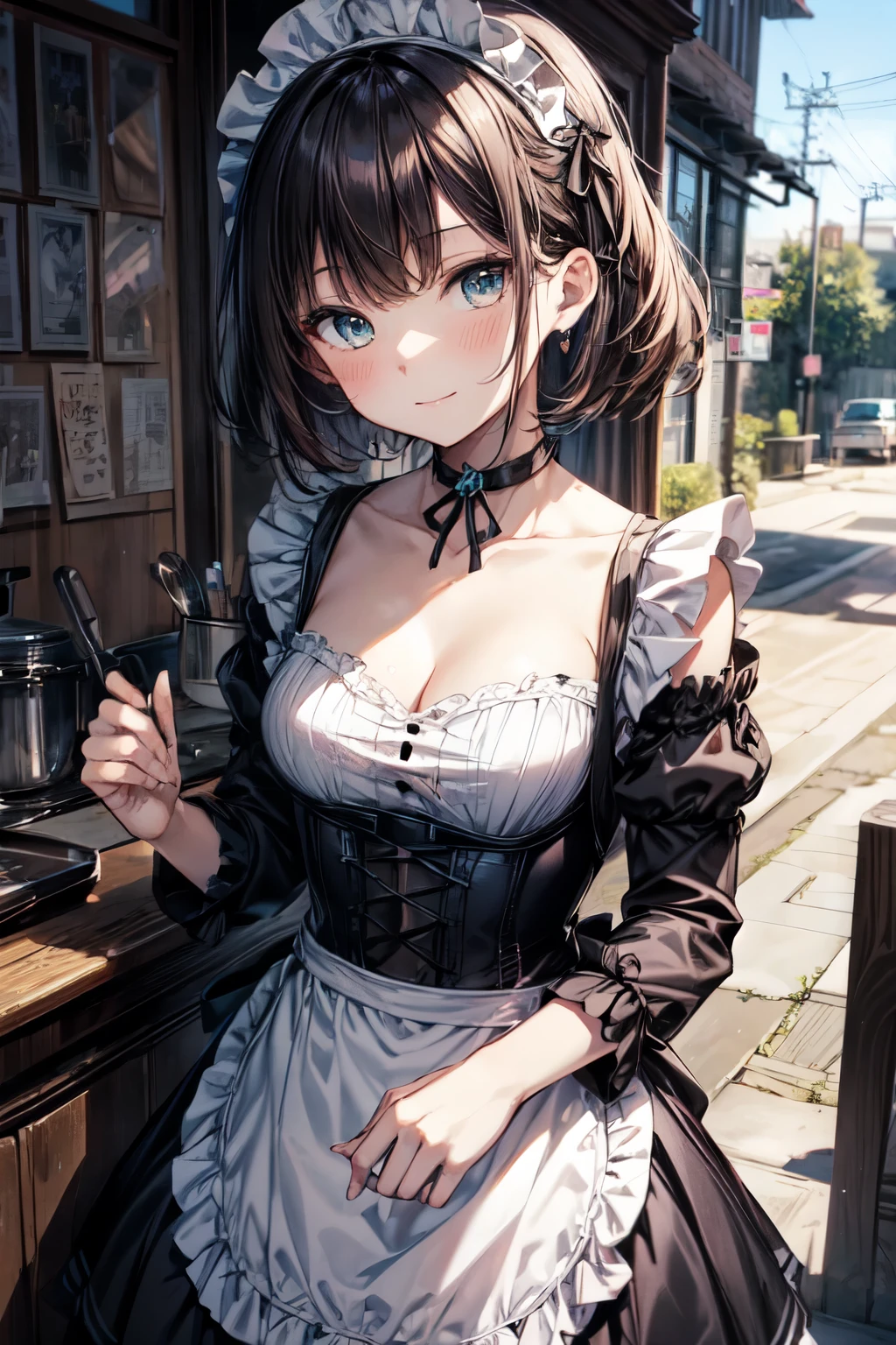an extremely delicate,
beautiful girl,
break,
8k,
best quality,
masterpiece,
ultra hires,
ultra detailed girl,
super fine illustration,
break,
active pose,
outdoors,
shiny,
bright,
rim lighting,
break,
1girl,
solo,
college age,
perfect female body,
black hair,
short hair,
bangs hairpin,
asymmetrical bangs,
round face,
PaleTurquoise eyes,
sleepy,
(smile:0.8),
medium breasts,
break,
black shirred Maid Dress,
apron,
black corset with straps,
Katyusha,
choker ribbon,
cufflinks,