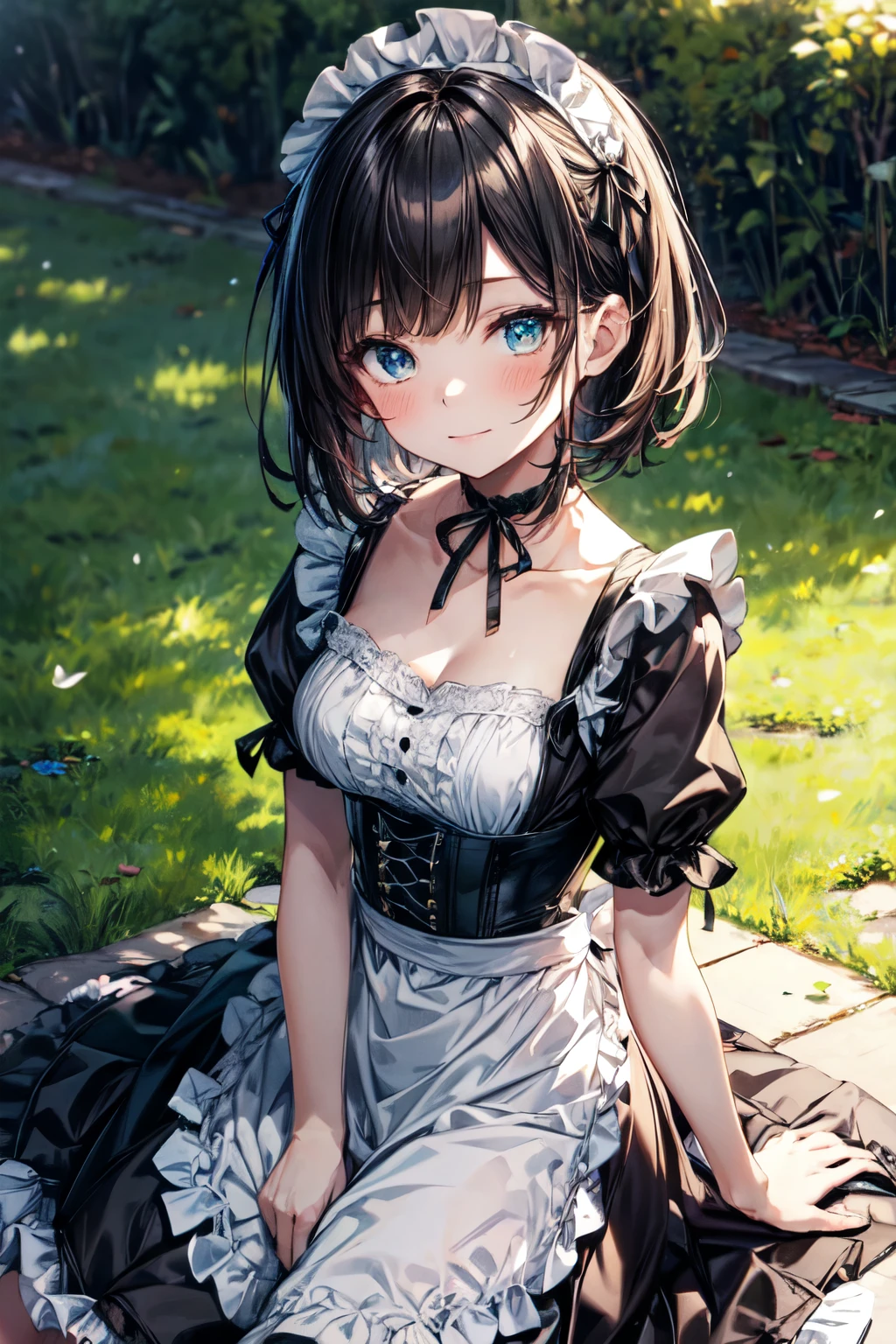 an extremely delicate,
beautiful girl,
break,
8k,
best quality,
masterpiece,
ultra hires,
ultra detailed girl,
super fine illustration,
break,
active pose,
outdoors,
shiny,
bright,
rim lighting,
break,
1girl,
solo,
college age,
perfect female body,
black hair,
short hair,
bangs hairpin,
asymmetrical bangs,
round face,
PaleTurquoise eyes,
sleepy,
(smile:0.8),
medium breasts,
break,
black shirred Maid Dress,
apron,
black corset with straps,
Katyusha,
choker ribbon,
cufflinks,