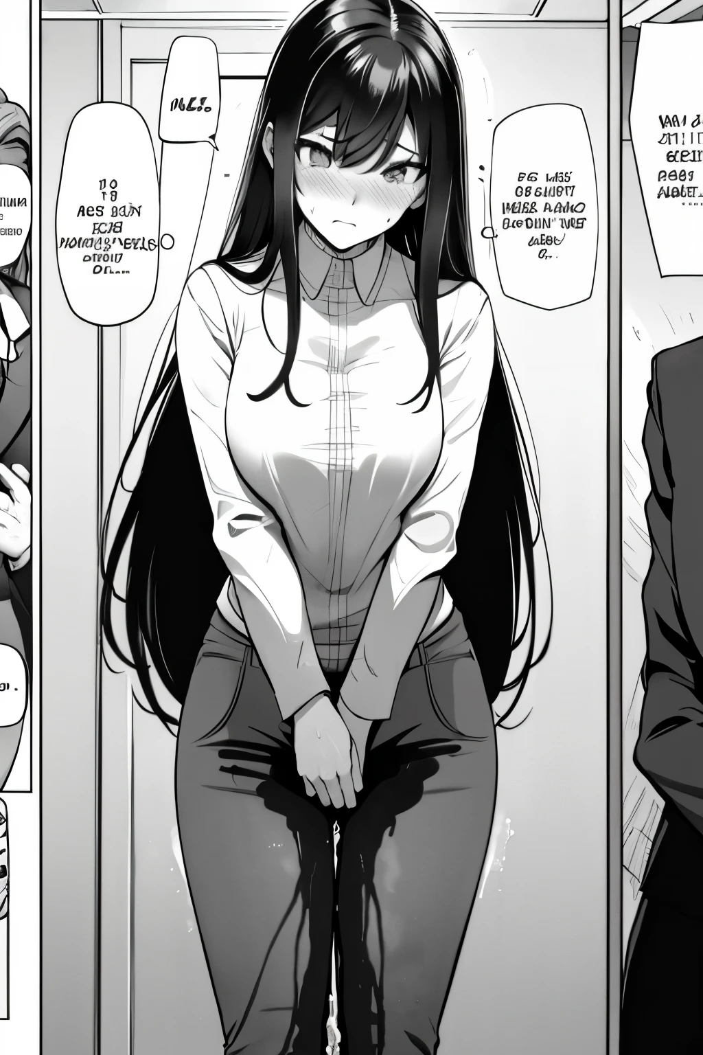 A woman with very long (black hair:1.5), wearing a business outfit consisting of a suit and tight pants, stands in a (monochrome:1.25) setting. The artwork is inspired by manga and incorporates a doujin style. The woman appears to be (wetting herself:1.5), which causes her to feel embarrassed and humiliated, resulting in a blush on her face. In addition, there is an air of anger in her expression. The lighting in the scene is moody, with a spotlight highlighting the woman's figure. She is crossing her arms, (arms crossed:1.5), fully showcasing her pants., medium breasts