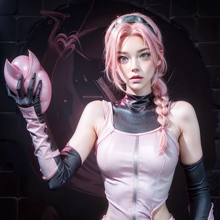 young woman, bubblegum pink hair tied in a bun, wide forehead, porcelain skin, pink eyebrows, emerald green eyes, upturned nose, thick pink lips, heart-shaped face, dark red clothes, Sakura Haruno, realism, well detailed, 3d
