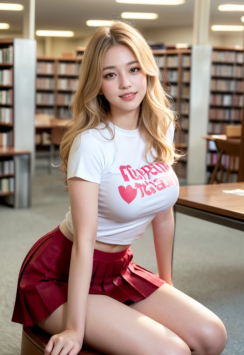 (((neat woman,Bright-eyed excitement,kind big smile,blush,blush,red cheek,please touch me,tempting viewer,i want you))),(all fours,all fours,hip higher,her fingers touch the chest),((((blush,red cheek)))),(cinematic lighting), (Photo real:1.4)、(A hyper-realistic:1.4)、(Photorealistic:1.3)、 (gentle lighting: 1.05)、(Improve the lighting quality of your video:0.9)、 32k、25years old woman、photorealistic lighting、Back lighting、Facial Lights、Ray Trace、(bright:1.2)、(Increase quality:1.4)、 (best quality real texture skin)、Fair eyes,delicate face、 Close-up of the face, ((Wearing the tight printed high-neck t-shirt,(no printed pleated skirt),high-heel),(Bodyline mood improvement:1.1)、Glossy skin、Korean Idol、Nogizaka Idol、good figure,perfect anatomy,Beautiful actress,(((beautiful huge breasts,slender waist,slender hip,long slender legs,8heads tall))),(((8heads tall))),(((blonde wavy hair,curtain bangs))),(((in the beautiful modern office of library,super clean night view,in the night))),