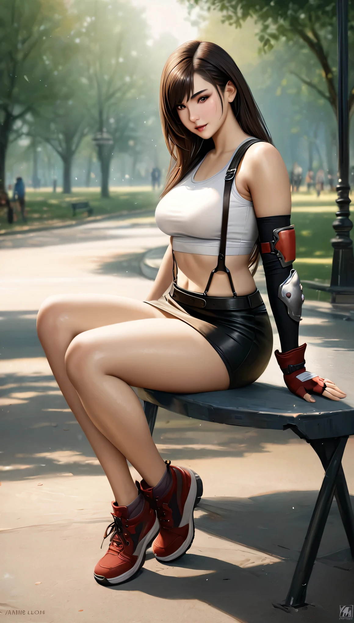 animetoreal,soft light, masterpiece, best quality,high quality,delicate face, realistic,1girl,full body, sitting,tifa lockhart, final fantasy, white crop top, elbow pad, fingerless gloves, suspenders, pencil skirt, white tshirt, sexy look, short skirt, miniskirt, pencil skirt,in park