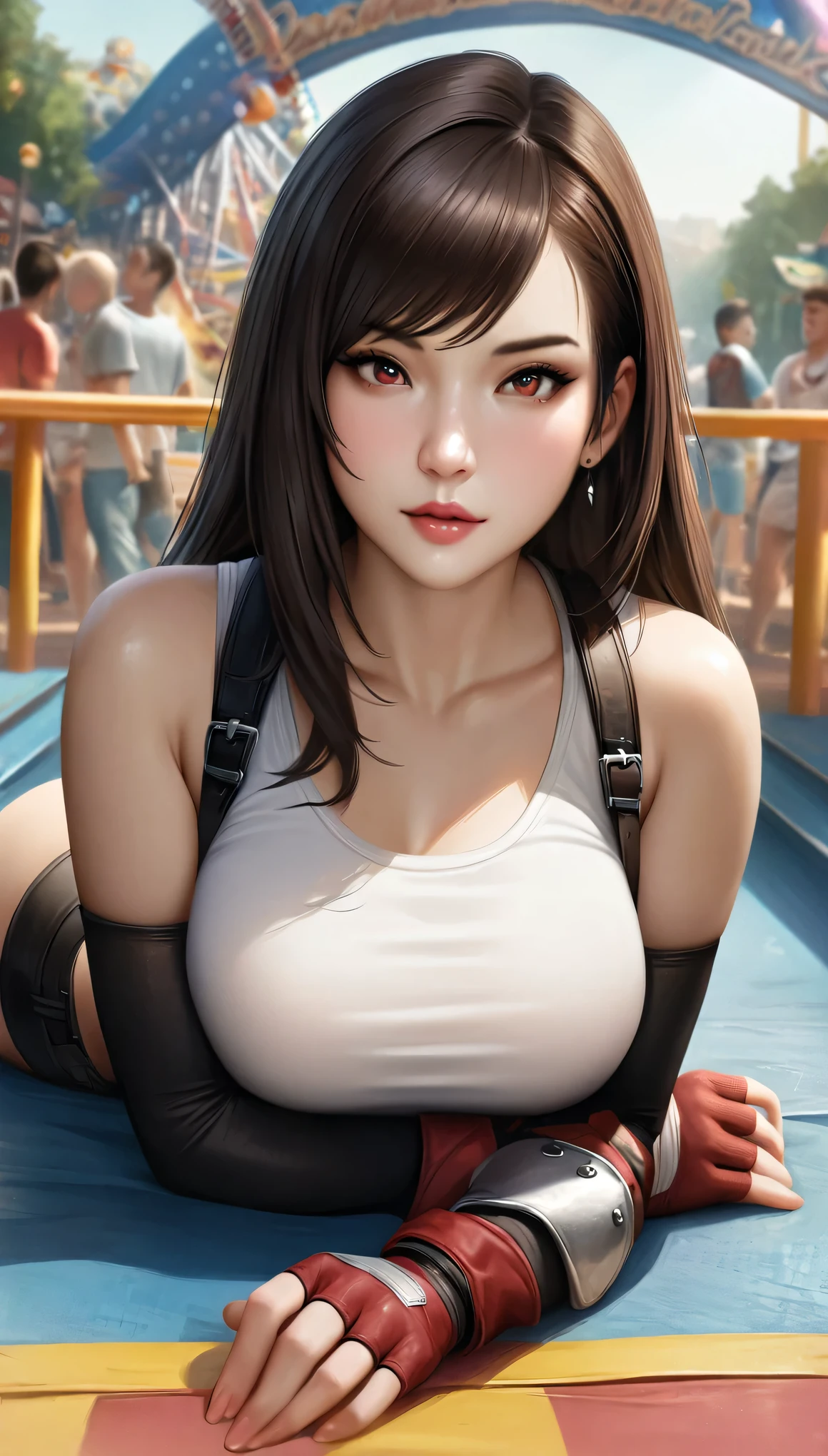 animetoreal,soft light, masterpiece, best quality,high quality,delicate face, realistic,1girl,full body, lying on stomach,tifa lockhart, final fantasy, white crop top, elbow pad, fingerless gloves, suspenders, pencil skirt, white tshirt, sexy look, short skirt, miniskirt, pencil skirt,amusement_park
