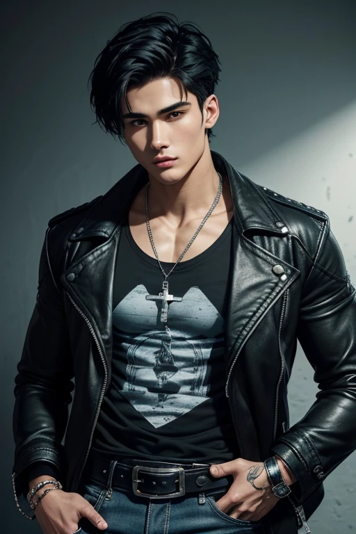 Charles Melton 25-year-old boy with open black jacket, blue t-shirt with snow print, short black hair, punk style, yellow locks, black jeans, green eyes, black leather belt, silver buckle, slim muscular build, cross medallion, silver bracelet, looking straight at the viewer