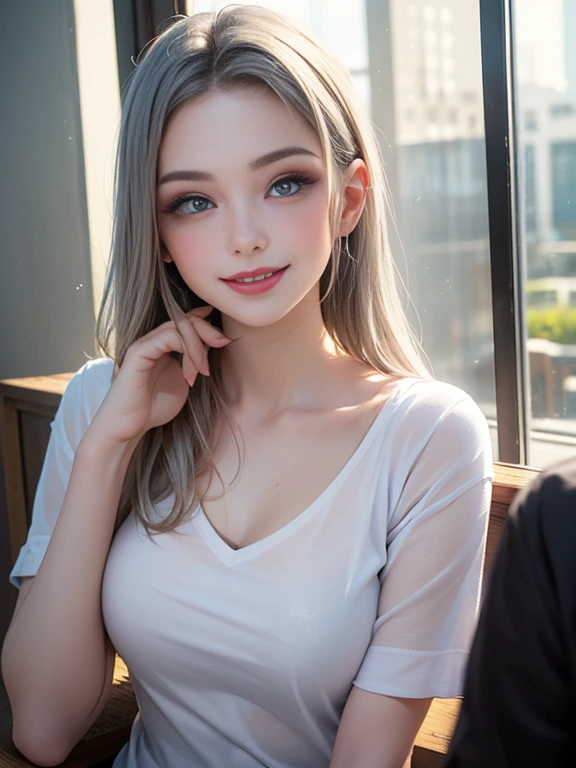 (best quality, 8k, photorealistic:1.5), (solo, one girl:1.5),(shine a bright light on women),(ultimate beautiful girl),(shiny skin),(oily skin),(Silver Ash Hair:1.3),(long hair:1.3),(cool beauty:1.5),(Blush brown makeup),(use pink glossy lipstick),(big beady eyes girl:1.5),(droopy eyes girl:1.5),(Big Eyes),(healthy body),(sweet smelling girl),(virgin girl),chuuChloe,(impressive eyes),(clean girl),(cute),(relaxing time),(compassion),(impurity),(love filled),(No love experience),(ager:1.2),(Lovely),(university student:1.5),(smile:1.5),(gentleness),(Sociable),(good at looking after),(positive),(goodness),(sensible),(flash),(Favorable)