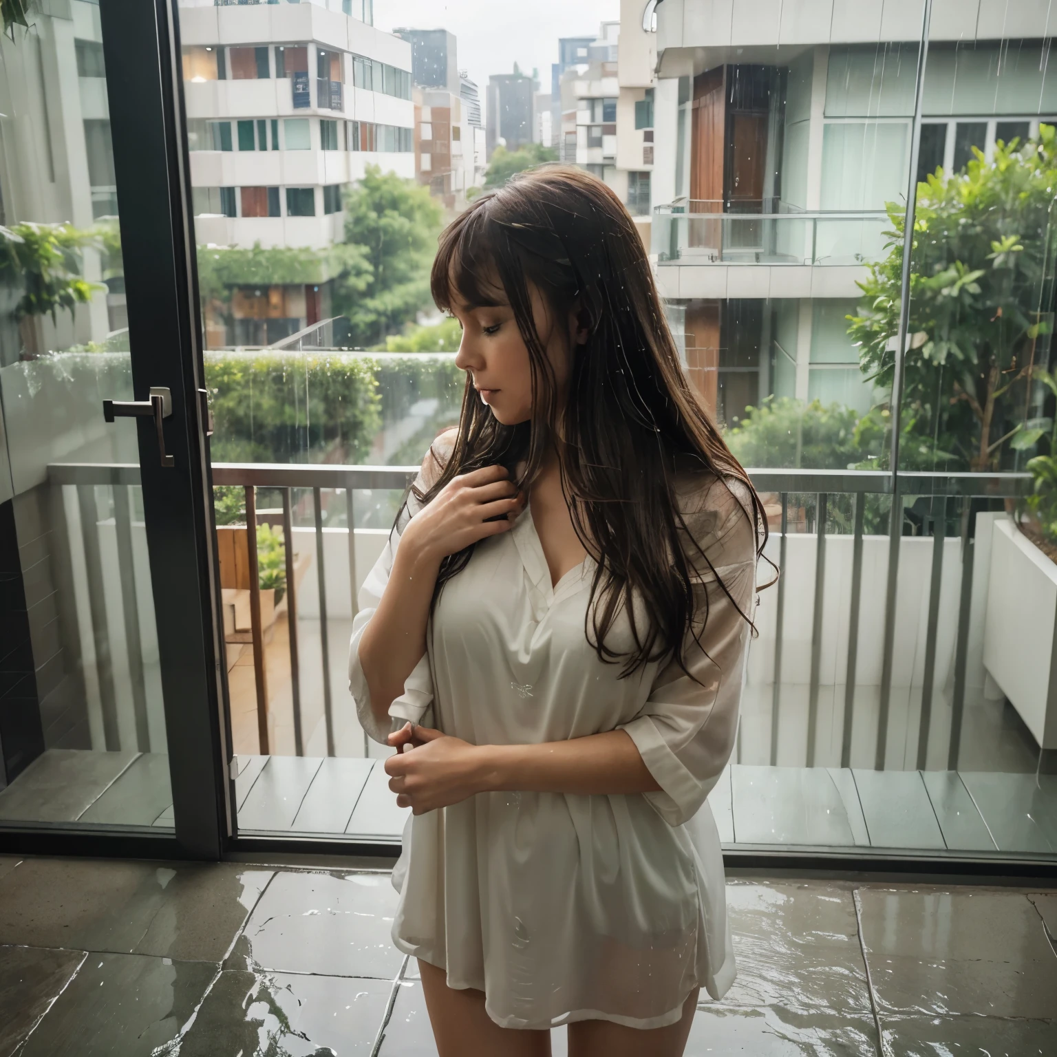 (high quality,4k,realistic:1.37),green eyes,light brown long hair with bangs,detailed eyes and face,beautiful detailed lips,red dress,heavy rain outside the window,looking from the bedroom,wet streets,reflections,city lights,wet leaves on the ground,tall buildings,dark clouds,soft natural light,moist air,fresh scent of rain,saturated colors,slightly blurred raindrops,uneven pavement,glistening surfaces,sparkling rainwater,peaceful atmosphere,lush greenery,renewed energy,serene and calm emotion,pleasant anticipation,gentle breeze,soothing sound of rain,hazy silhouette of buildings in the distance,cold and refreshing temperature,cozy and comfortable bedroom,tranquil mood,cozy lighting,inviting warmth,perfect harmony between indoors and outdoors.
