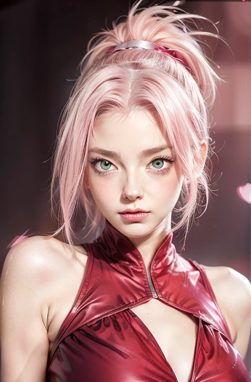 young woman, bubblegum pink hair tied in a bun, wide forehead, porcelain skin, pink eyebrows, emerald green eyes, upturned nose, thick pink lips, heart-shaped face, dark red clothes, Sakura Haruno, realism, well detailed, 3d
