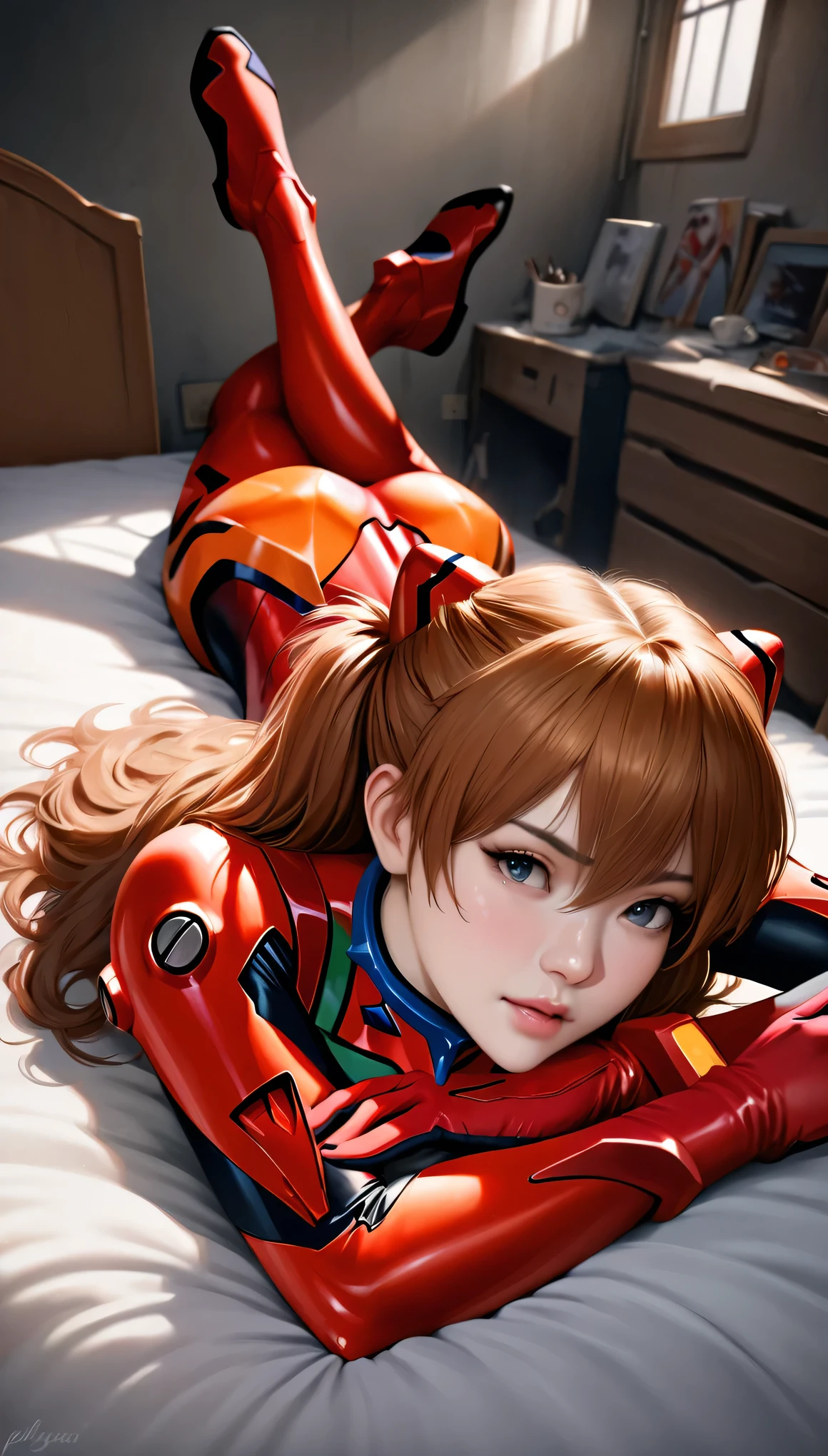 animetoreal,soft light, masterpiece, best quality,high quality,delicate face, realistic,1girl,full body, lying on stomach,souryuu asuka langley, neon genesis evangelion, rebuild of evangelion, plugsuit, pilot suit, red bodysuit,,in bedroom