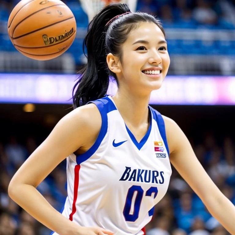 basketball jersey, huge tits, ponytail, smile, very tall pretty woman, black hair, standing near the hoop, exposed breast, full body,