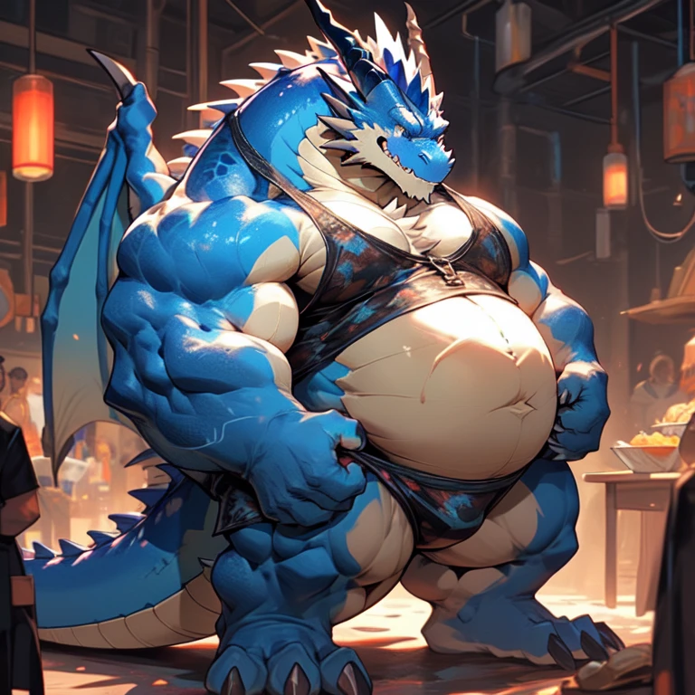 two anthropomorphic dragon, likely a red dragon and a blue dragon, in a setting that resembles a school bedroom. The focal point is a massively obese blue dragon. He is so large that he is being bounded with a strong chain and his hand are attached to a metal harness, his bounded to his bed so he can't move. His immense size and the strain on the chains suggest he has eaten an enormous amount of food. He only wears black underwear.
A red dragon character, wearing only a black underwear, stands beside the obese fox. He has enormous pecs and muscles like he look like a big bodybuilder. He has a mischievous grin on his face and is playfully poking and licking the blue dragon's enormous belly. His expression and actions suggest he finds amusement in the situation.
