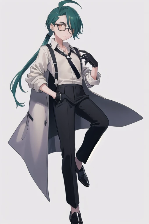 ((highest quality)), ((masterpiece)), (be familiar with),One girl,Chile,White Eyes,Earrings,Small breasts,Flat Chest,Black tie,shirt,White shirt,suspenders,Black gloves,Black trousers,shoes,good looking,Glasses,coat