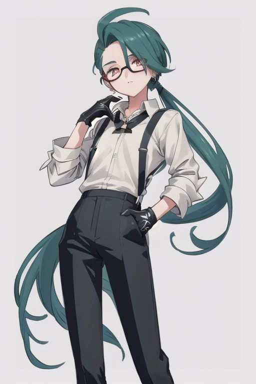 ((highest quality)), ((masterpiece)), (be familiar with),One girl,Chile,White Eyes,Earrings,Small breasts,Flat Chest,Black tie,shirt,White shirt,suspenders,Black gloves,Black trousers,shoes,good looking,Glasses,coat