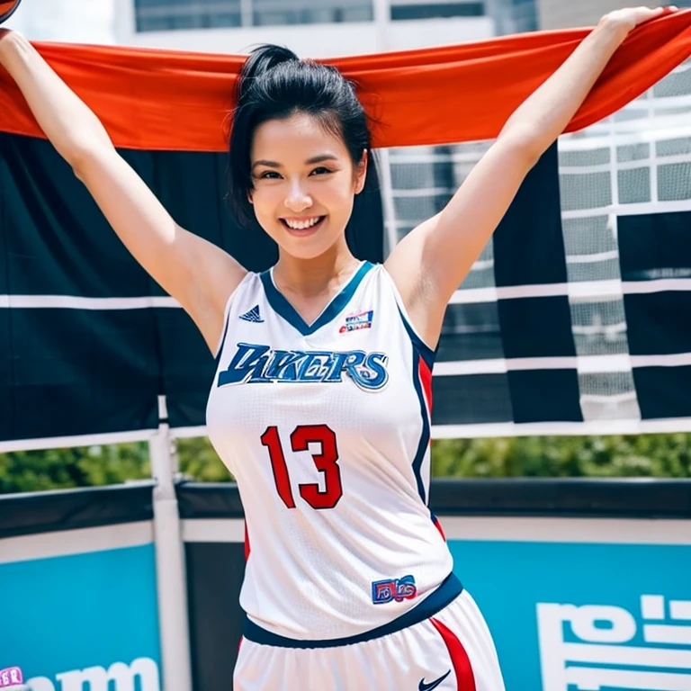 basketball  jersey, huge tits, ponytail, smile, very tall pretty woman, black hair, standing near the hoop, exposed breast, full body, exposed nipple