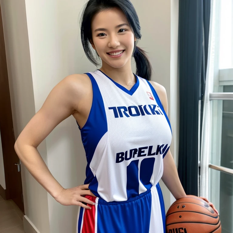 basketball jersey, huge tits, ponytail, smile, very tall pretty woman, black hair, standing near the hoop, exposed breast, full body, exposed nipple