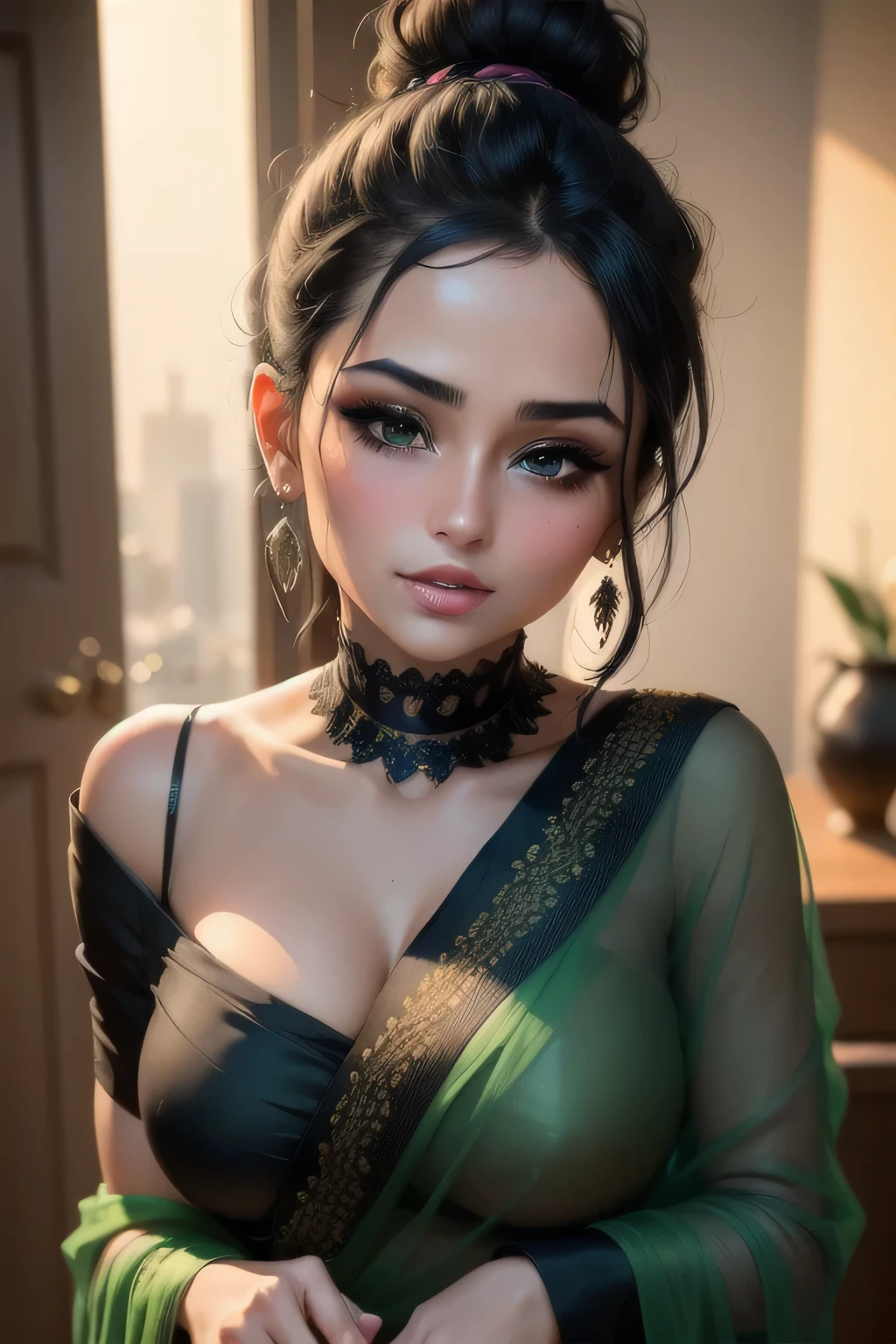 Amazing portrait of a sexy woman with a beautiful face and black hair tied in a messy bun wearing amazing makeup and blushing intensely while she's flustered and lustful and getperfect lips are parted wearing a black blouse and a sheer dark green saree and she's hot