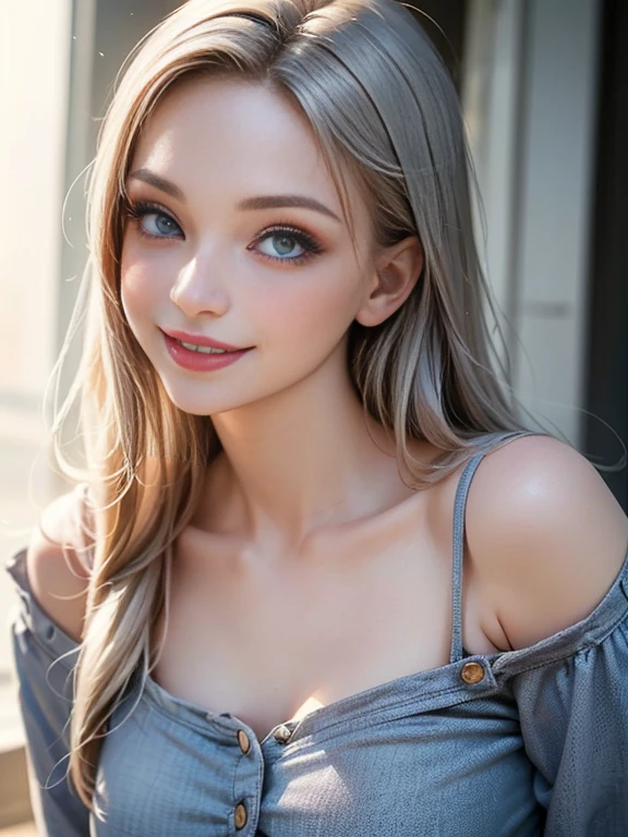 (best quality, 8k, photorealistic:1.5), (solo, one girl:1.5),(shine a bright light on women),(ultimate beautiful girl),(shiny skin),(oily skin),(Silver Ash Hair:1.3),(long hair:1.3),(cool beauty:1.5),(Blush brown makeup),(use pink glossy lipstick),(big beady eyes girl:1.5),(droopy eyes girl:1.5),(Big Eyes),(healthy body),(sweet smelling girl),(virgin girl),chuuChloe,(impressive eyes),(clean girl),(cute),(relaxing time),(compassion),(impurity),(love filled),(No love experience),(teenager:1.2),(Lovely),(university student:1.5),(smile:1.5),(gentleness),(Sociable),(good at looking after),(positive),(goodness),(sensible),(flash),(Favorable)