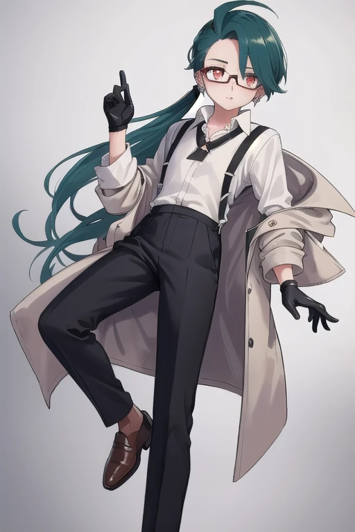 ((highest quality)), ((masterpiece)), (be familiar with),One girl,Chile,White Eyes,Earrings,Small breasts,Flat Chest,Black tie,shirt,White shirt,suspenders,Black gloves,Black trousers,shoes,good looking,Glasses,coat