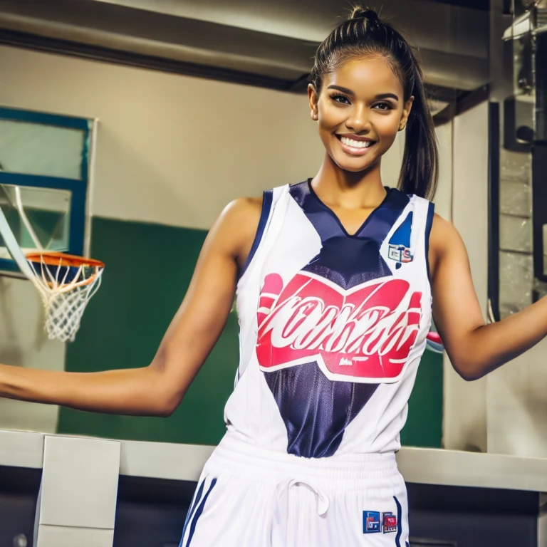 basketball  jersey, huge tits, ponytail, smile, very tall pretty woman, black hair, standing near the hoop, exposed breast, full body, exposed nipple