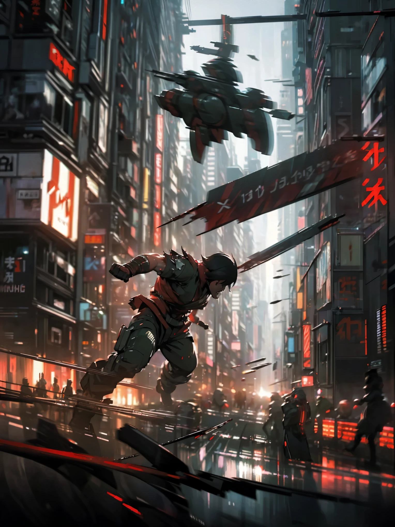 (high quality, 8k, 4K, high contrast, masterpiece: 1.2, 最high quality, best aesthetic), Shibuya crossing, post-apocalyptic, 1 man, focus, intense fight, fighting action pose, ((( Blur effect motion speed: 1.6))), destroyed Tokyo atmosphere, empty street scene, broken neon signs, depressing atmosphere, fast movement, ((motion blur on arms)), shadow assassin, assassinating an enemy , destroyed architecture, blood on the ground, less blood stained, evil energy, cinematic colors, dynamic settings, atmospheric perspective, epic lighting