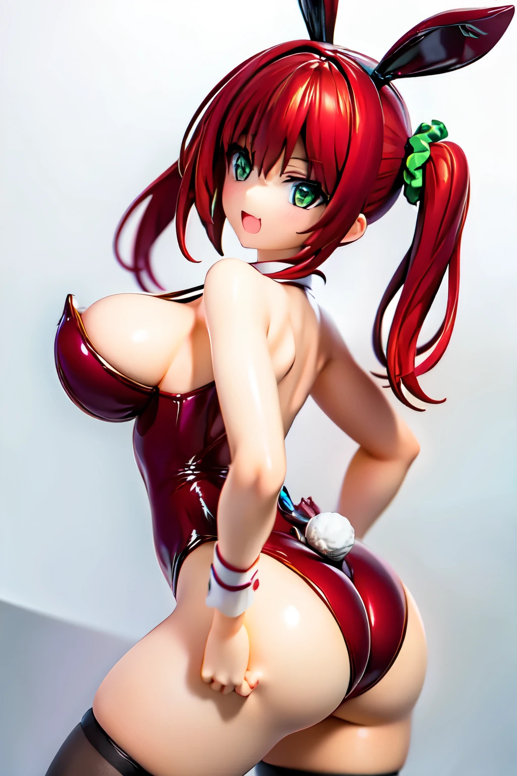 best quality, masterpiece, extremely detailed CG, official art , professional lighting, sakimiyairuka, (one side up), green scrunchie, hair ornament, red hair, green eyes, perfect face, shiny skin, playboy bunny, black pantyhose, bowtie, wrist cuffs, casino, from back